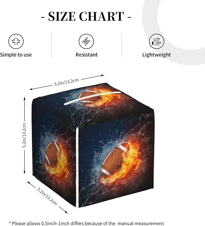 POIUBLE American Football in Fire and Water Tissue Box Cover Leather Tissue Box Holder Square Facial Paper Organizer Dispenser for Bathroom Kitchen Bedroom Vanity Countertop Night Stands