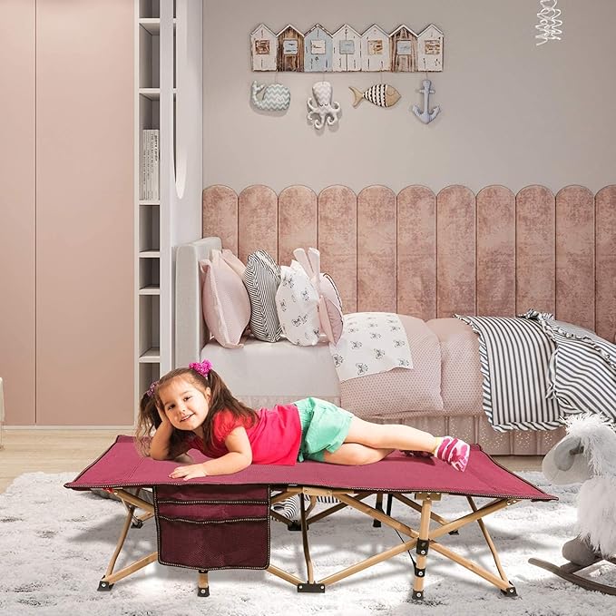 REDCAMP Extra Long Kids Cot for Sleeping 2-7 Years, Portable Travel Toddler Cot Bed with Carry Bag, Lightweight for Outdoor Indoor Home, New Wine Red 53''x26'', 2 Pack