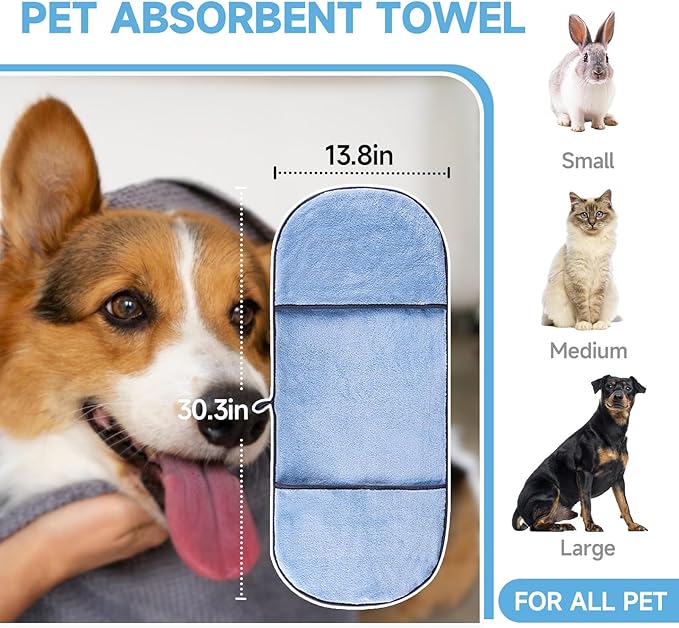 KUEIOX Dog Washing Gloves - Quick Drying Dog Towel,Cat Bath Grooming Gloves Brush with High-Density Teeth for Bathing Massaging，Absorbent Pet Bath Towel 30.3"x13.8" with Hand Pocket for Dog Cat Blue
