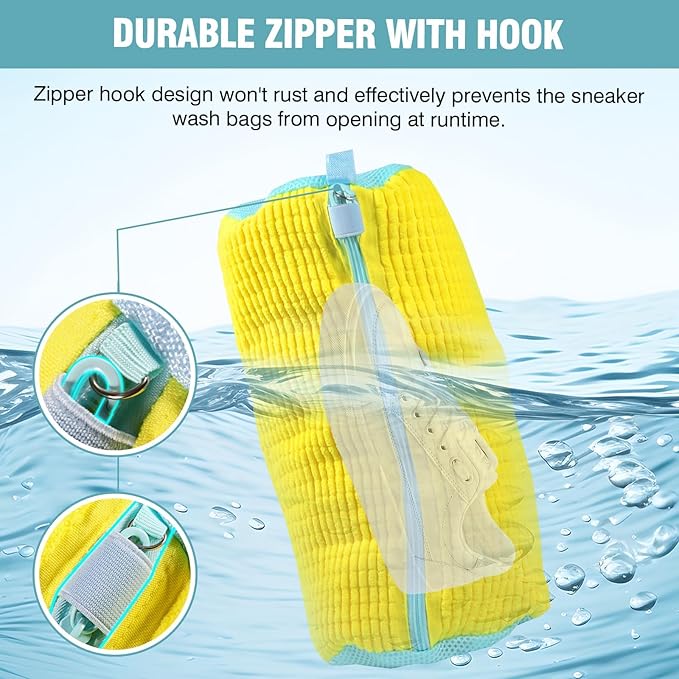 2 Pcs Shoe Washing Machine Bags with 4 Adjustable Shoe Trees, XXL Laundry Bags for Washer and Dryer, Sturdy Zipper with Hook Design, Reusable Cleaning Bag for Sneaker, Tennis (Yellow)