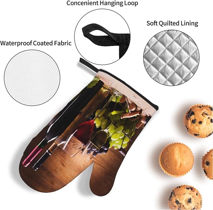 Vintage Glasses Wine Grapes Oven Mitts and Pot Holders Sets of 4 Vintage Grapes Kitchen Mitts Heat Resistant Oven Gloves Set Potholders for Kitchen Baking Grilling BBQ