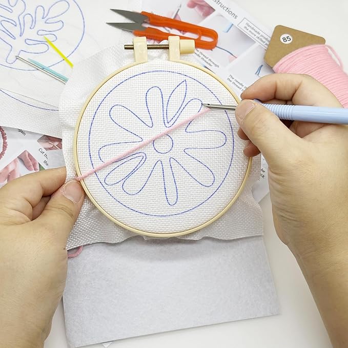 Allazone Punch Needle Kits, Punch Needle Coasters Kit, Punch Embroidery Kit with Felt Yarns Hoop Tools for DIY Coaster Crafts (Flowers)