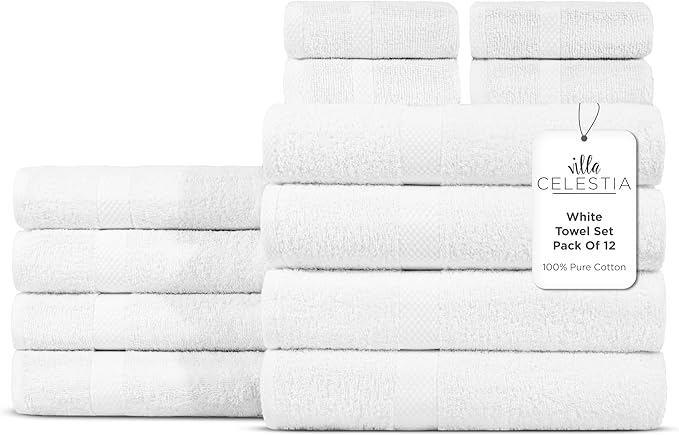 Villa Celestia 100% Cotton Bath Towel Set of 12-4 Bath Towels, 4 Hand Towels, 4 Wash Cloths, Sustainable, Soft, Highly Absorbent, Combed Cotton 12 Piece Set for Hotels, Spa, Bathroom, Dorm, White