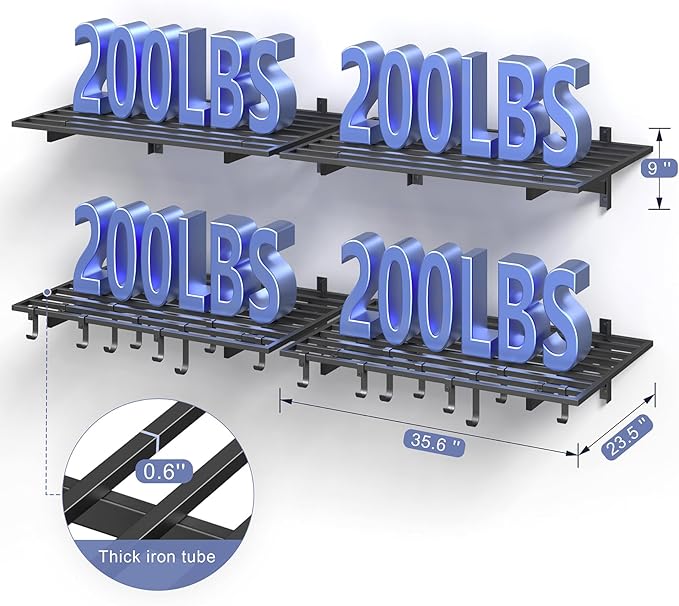 Jusgym 4-Pack 2x3ft Garage Shelving Wall Mounted, 2' x 3' Heavy Duty Garage Storage Shelves with Hooks, 800LB Capacity