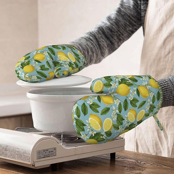 Heat Resistant Oven Mitts 2 Pack, 500°F Silicone Oven Gloves with Non-Slip Grip, Soft Quilted Cotton Lining for Baking, Grilling, BBQ, Cooking (Lemon)