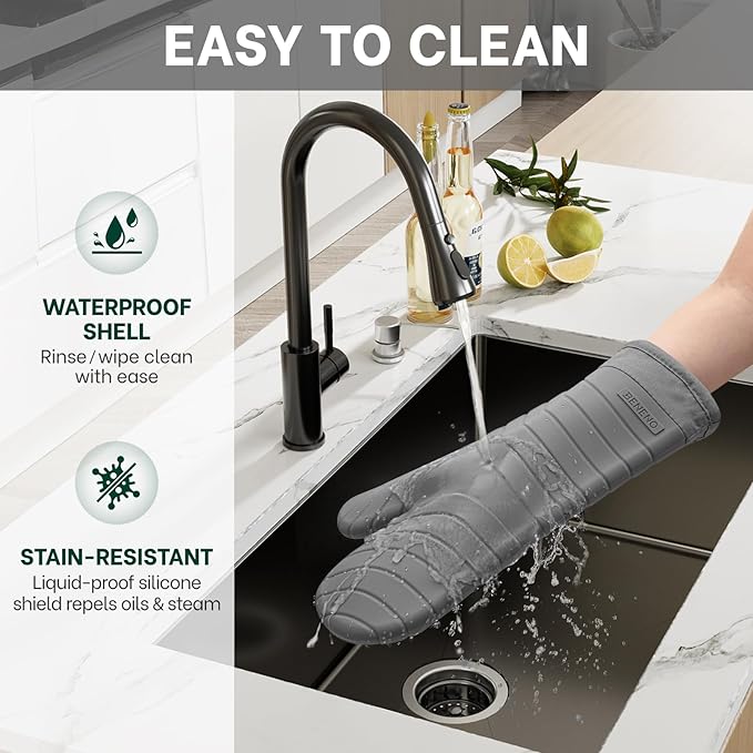 Beneno Heat Resistant Silicone Oven Mitts BPA-Free, Non-Slip Textured Grip & Quilted Cotton Lining, Waterproof Kitchen Mitt 2-Pack Set, 7"x13", Gray