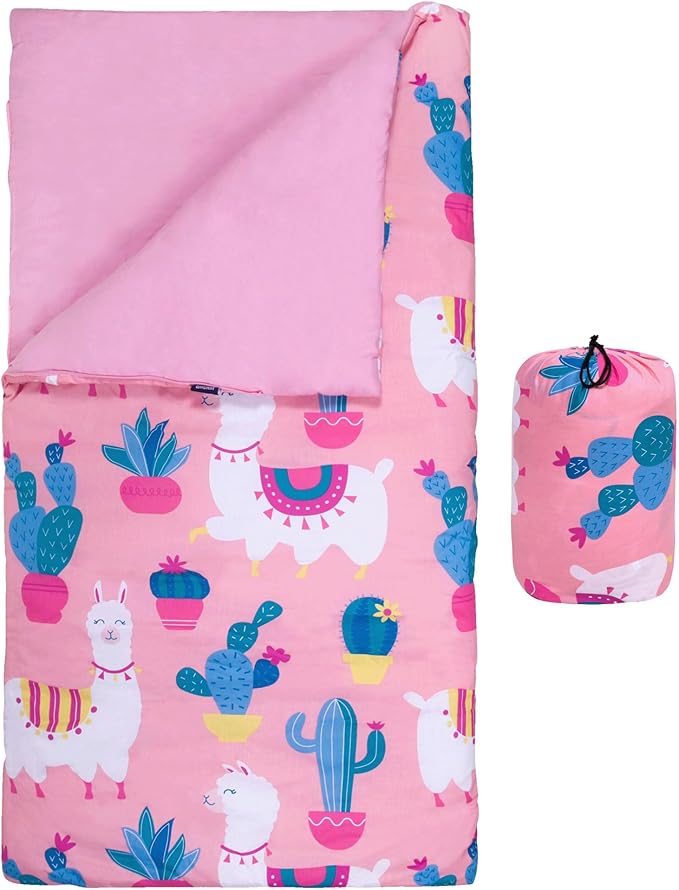 Wildkin Kids Sleeping Bag – Roll-Up Design with Storage Bag for School, Travel & Camping - Llamas and Cactus Pink