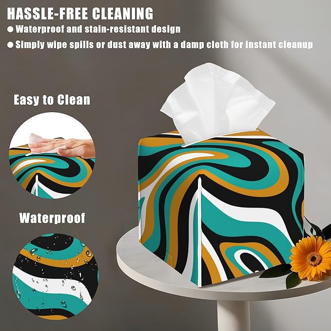 BLYKVGHQ Liquid Stripes Square Tissue Box Cover Brown and Black Abstract Wave Line Tissue Box Holder Facial Cube Paper Dispenser Leather Decorative Organizer Home Office Desk Decor, 5.2"x5.2"x5.2"