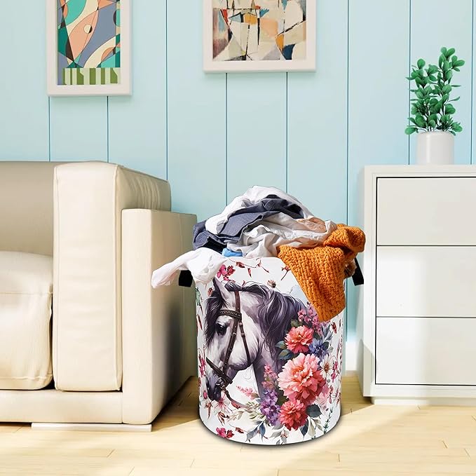 White Horse Flowers Laundry Basket Oxford Cloth Funny Laundry Hamper With Handle Foldable Portable Clothes Storage Basket 18.9 X 16.5 Inch Storage Bag For Laundry Room/Bathroom/Bedroom/Dormitories