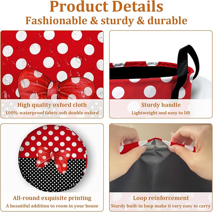 Polka Dot Red Bow Laundry Basket with Sturdy Handles, Collapsible Oxford Cloth Laundry Hamper Organizer Basket for Bathroom Bedroom 15.7x20 Inch