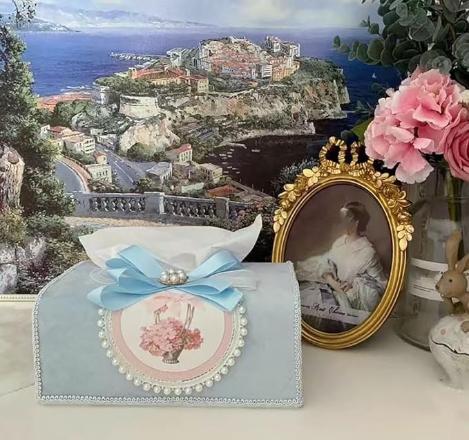 Tissue Cover Holder Fabric Art Cute Tissue Box Cover Dispenser Napkin Organizer for Bathroom Bedroom Office and Car (C - Light Blue)