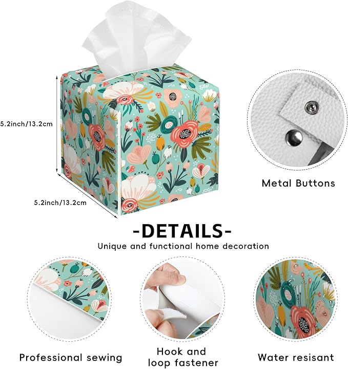 Watercolor Flowers Tissue Box Cover Square,Tissue Box Holder with Belt Bottom,Stylish Leather Napkin Holder for Vanity Countertop,Nightstands,Office Desk,5.2"×5.2"×5.2"