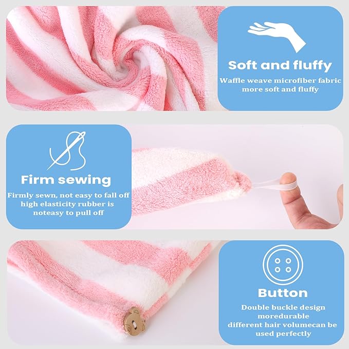 YHPDYL 3 Pack Microfiber Hair Towel Wrap for Women, Fast Drying Hair Turban with Button, Anti-Frizz Large Hair Towel for All Hair Styles, Soft & Absorbent Hair Drying Towel
