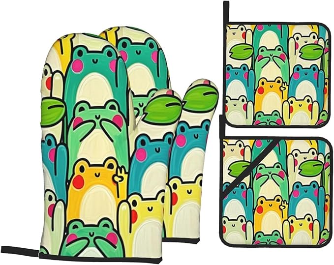 4 Pieces Flowers Oven Mitts and Pot Holder Set Floral Oven Gloves and Hot Pads Pot Holders for Farmhouse Kitchen Accessories and Decoration (Frog)