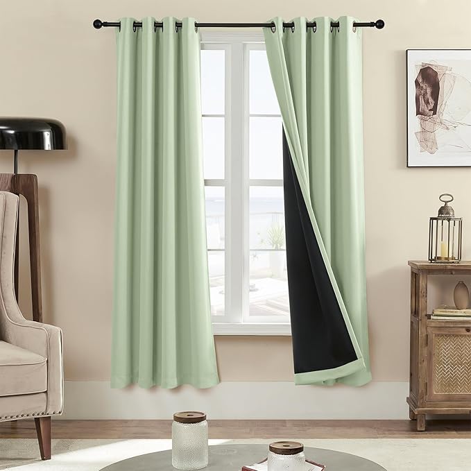 Rutterllow 100% Blackout 340 GSM Curtains 2 Panels, Full Shade 72 Inches Long Complete Drapes for Living Room, Thermal Insulated Bedroom Window Treatment Drapes (Sage Green, 52x72 inch)