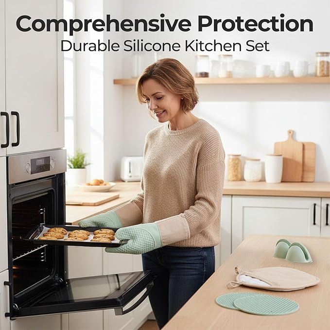 8-Piece Silicone Oven Mitts Set,Heat Resistant Kitchen Gloves with Soft Cotton Lining, Pot Holders,Silicone Trivet Mats,& Mini Mitts for Cooking,Baking,BBQ(Light Green)