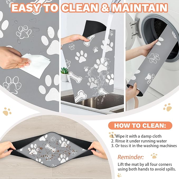 Eizlang Grey Dog Cat Food Mat,12"x20" Inches Rapid Absorbent Pet Feeding Mat,Pets Placemat Water Bowl Mats with Rubber Backing,No Stains Cat Dog Feeding Mats Indoor,Pet Accessories Supplies