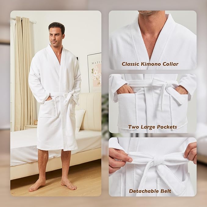 FashGudim Terry Cloth Robes for Men Big and Tall Short Mens Kimono Robe Super Absorbent Spa Bathrobe Calf Length With Pockets