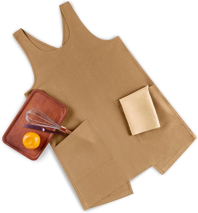 Solino Home Cross Back Linen Apron with Pockets for Gardening, Kitchen - Tobacco Brown Pinafore Smock Apron 100% Pure Linen for Men & Women - Handcrafted from European Flax