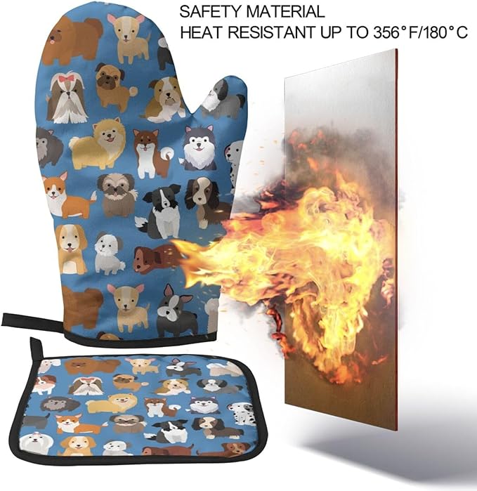 Cute Dogs Blue Oven Mitts and Pot Holders Insulated Gloves & Kitchen Counter Safe Mats for Cooking BBQ Baking Grilling (2-Piece Set)