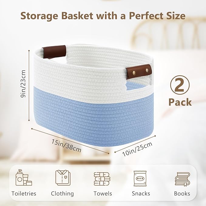 ECDYQXVU Cotton Rope Basket, Storage Baskets with Handle, 15x10x9 Inch Woven Basket for Shelves, Laundry, Towels, Clothes, Books (White/Blue 2Pack)