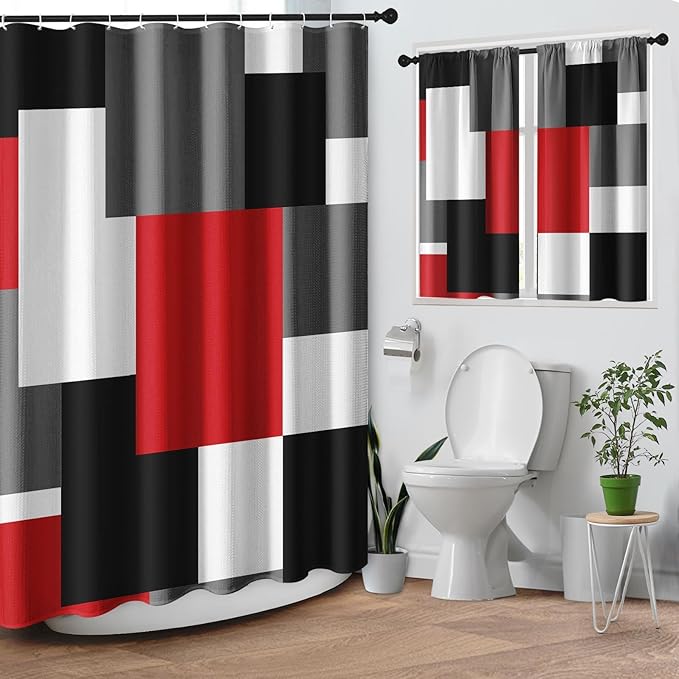 Culudea Geometric Red White Shower Curtain Set, Black and Gray Modern Bathroom Window Waterproof Shower Curtain Set for Bathroom Decor