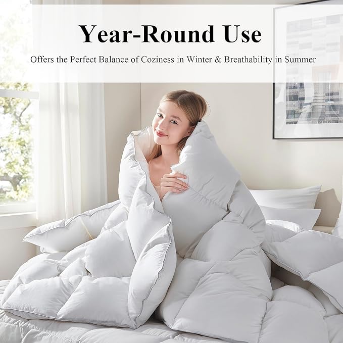 Ubauba Goose Feather Down Fiber Comforter King Size - All Season White Fluffy Duvet Insert - Luxurious Hotel Bedding Comforter - Ultra Soft 100% Cotton Cover, Medium Warmth (106x90 Inch)