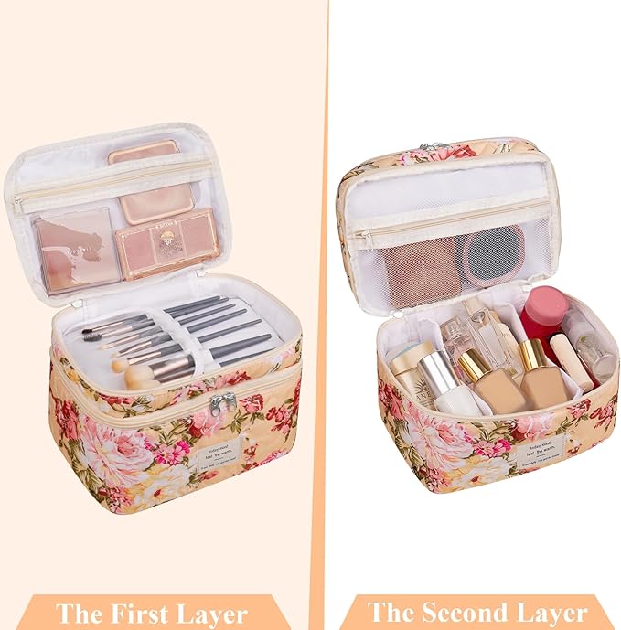 Makeup bag, Large Cosmetic Bag for Women Girls, Cute Quilted Makeup Bags, Floral Coquette Aesthetic Toiletry Bag, Travel Make Up Organizer Bag (Pink Flowers)