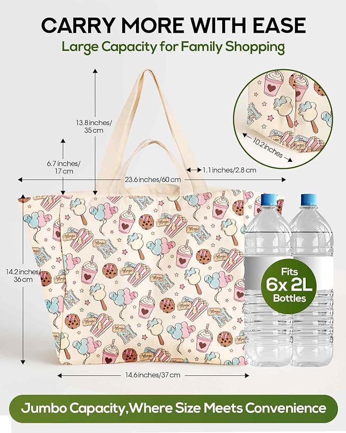 Miss Adola Large Canvas Grocery Tote Bag - Reusable Extra Large Shopping Shoulder Bags with 6 Inner Pockets & 2 Handle Strap