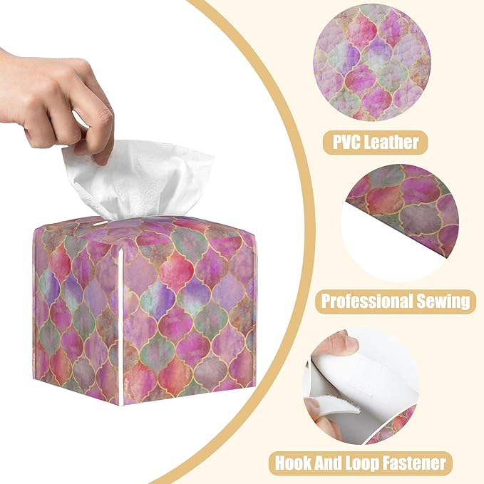 BLYKVGHQ Pink Moroccan Quatrefoil Tissue Box Cover Square, Tissue Box Holder with Bottom Belt Leather Facial Paper Organizer Dispenser for Bathroom Bedroom Dresser Night Stand Tabletop
