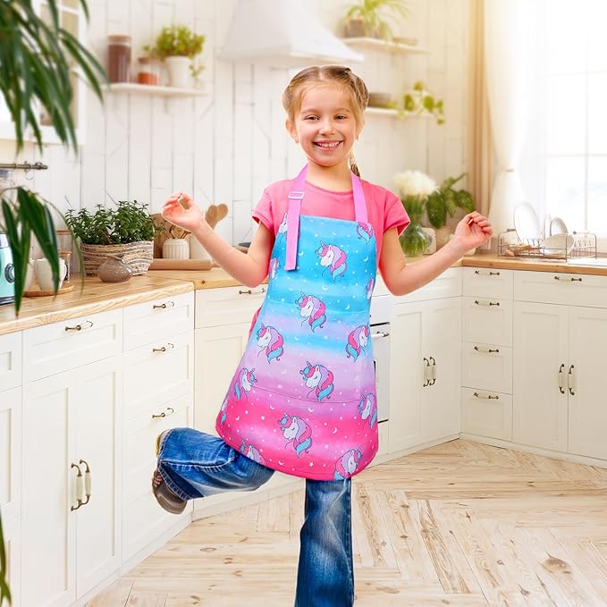 Sylfairy Aprons for Kids Girls Rainbow Unicorn Apron Children Kitchen Chef Aprons Smock (Pink, Medium,6-12Years)