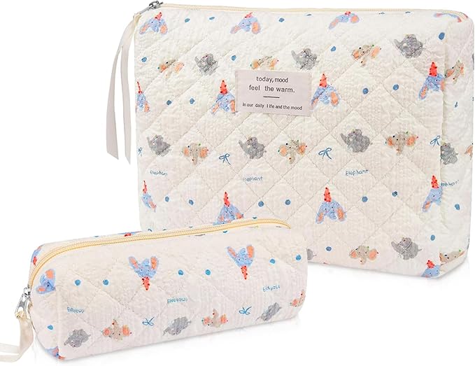 Gosect 2PC Makeup Bag Set, Cute Cosmetic Bag for Women Girls, Floral Coquette Aesthetic Toiletry Bag, Travel Make Up Organizer Bag (Elephant)