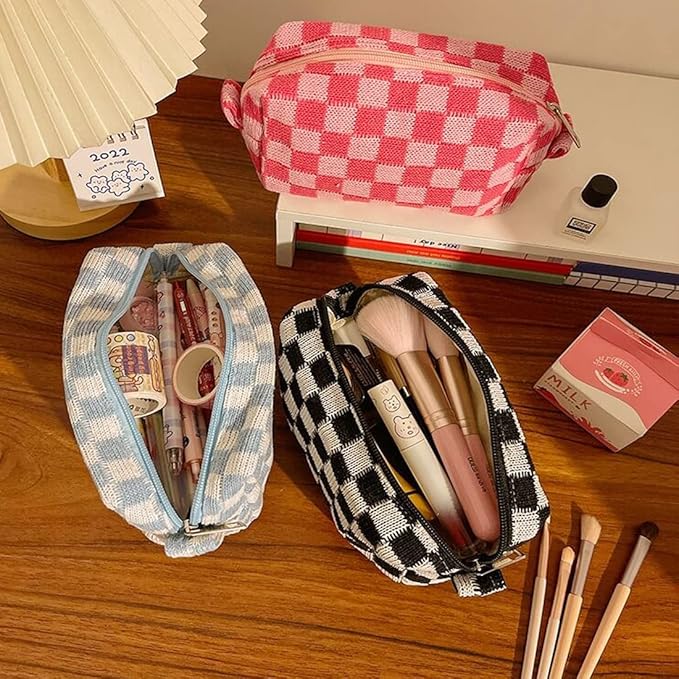 SxoSyo 2 Pcs Cosmetic Bags for Women Checkered Makeup Bag Purse Travel Toiletry Zipper Storage Pouch Make up Brushes Organizer for Gifts (Checkered, Pink & Blue)