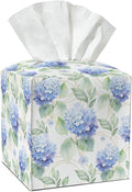 Blue Hydrangea Tissue Box Covers Square, Leather Tissue Box Holders Decorative for Car Nightstand Home Office Bathroom Organizer, Square Facial Paper Organizer Home Decor -011