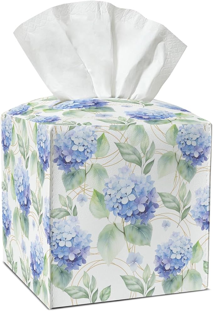 Blue Hydrangea Tissue Box Covers Square, Leather Tissue Box Holders Decorative for Car Nightstand Home Office Bathroom Organizer, Square Facial Paper Organizer Home Decor -011