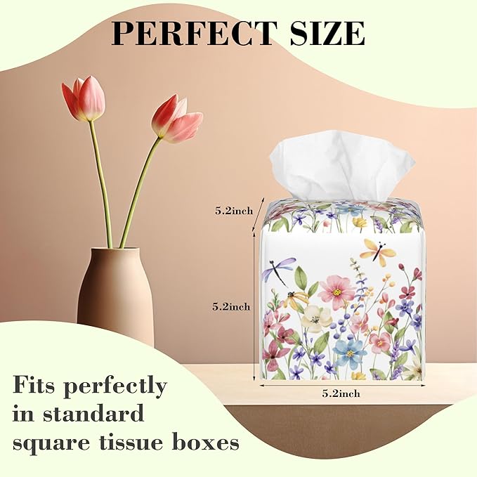 Watercolor Wildflowers Butterfly Dragonfly Tissue Box Cover Square Leather Tissue Holder Waterproof Facial Paper Organizer Dispenser Cube Paper Cover Case for Home Office Bathroom Vanity Countertop