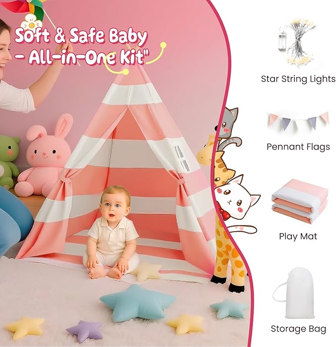 xiaowantong Teepee Tent for Kids with Padded Mat, Lights, and Carry Bag, Washable Playhouse for Indoor Use, Ideal Play Tent for Girls and Boys, Stripe Pink