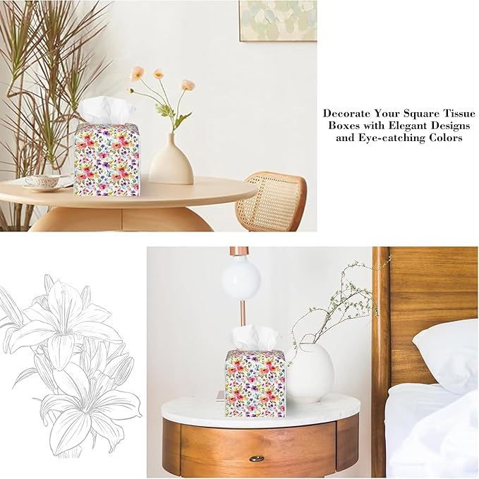 Colorful Flowers Floral Tissue Box Cover Square Leather Tissue Holder Waterproof Facial Paper Organizer Dispenser Cube Paper Cover Case for Home Office Bathroom Vanity Countertop