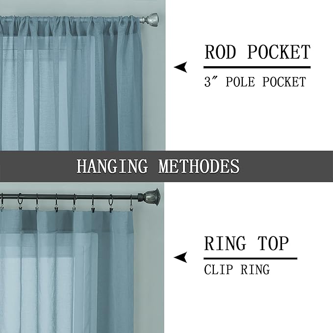 Tollpiz Short Sheer Curtains Linen Textured Bedroom Curtain Sheers Light Filtering Rod Pocket Voile Curtains for Living Room, 54 x 45 inches Long, Dusty Blue, Set of 2 Panels