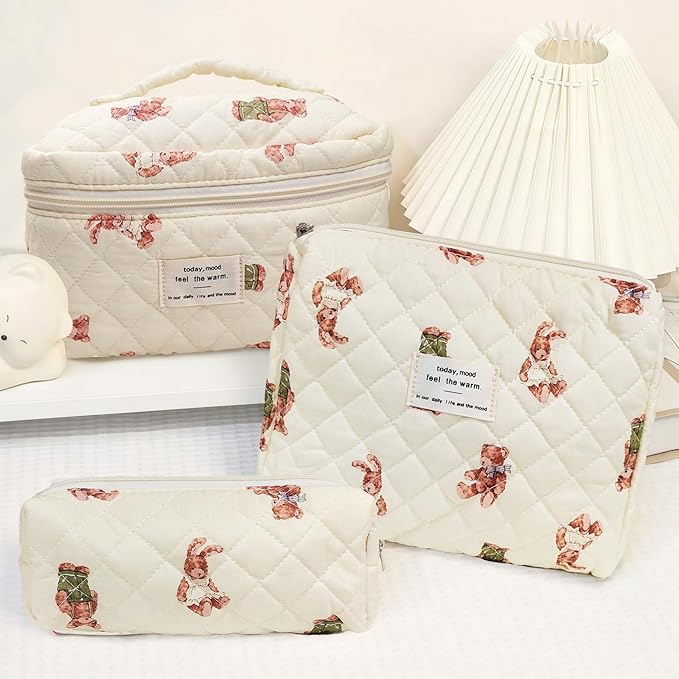 Cozomga Quilted Makeup Bag, Large Capacity Travel Cosmetic Bag for Women and Girls, Aesthetic Storage for Daily and Travel Use (3pcs-Littlebear)