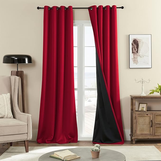 Rutterllow 100% Blackout Curtains, Full Shade 90 Inches Long Complete Blackout Drapes for Living Room, Thermal Insulated Bedroom Window Treatment Drapes (2 Panels, Red, 52 x 90 inch)
