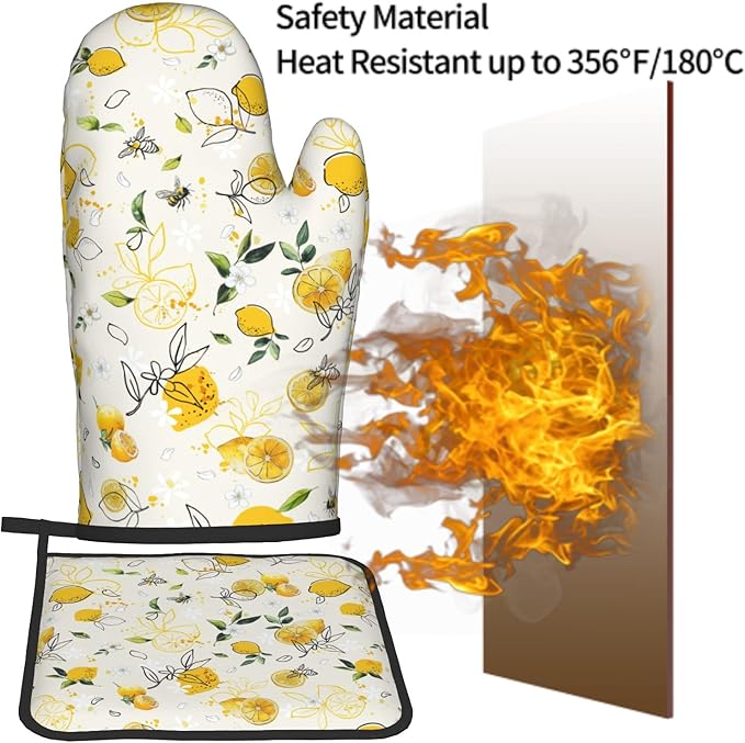 Lemon Oven Mitt & Pot Holder Set of 2，Spring Watercolor Floral Heat Resistant Kitchen Gloves Potholder Summer Fruit Cooking Gloves Pan Mats for Baking, Grilling, Kitchen，Outdoor