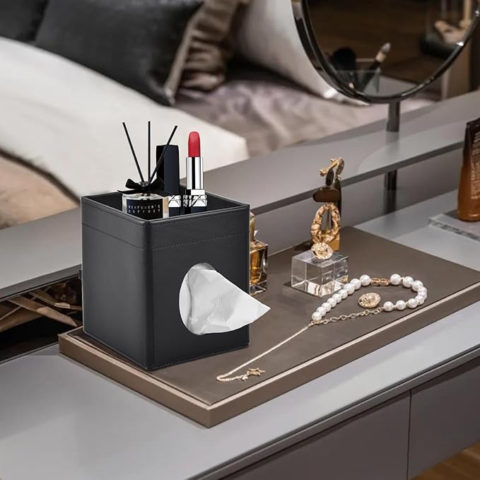XNONE Tissue Box Cover Square Tissue Box Holder PU Leather Facial Tissues Organizer with Storage Tray for Bathroom Vanity Bedroom Office Car, Stylish Napkin Caddy Decorative Organizer (Black)