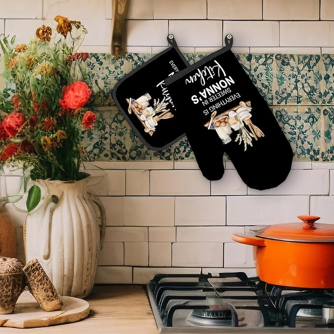 Nonna Gifts Oven Mitts and Pot Holders Sets, NonnaGifts from Grandkids Kitchen Accessories Sets, Sweeter in Nonna’s Kitchen Grandma Heat Resistant Oven Glove Potholders for Cooking Baking