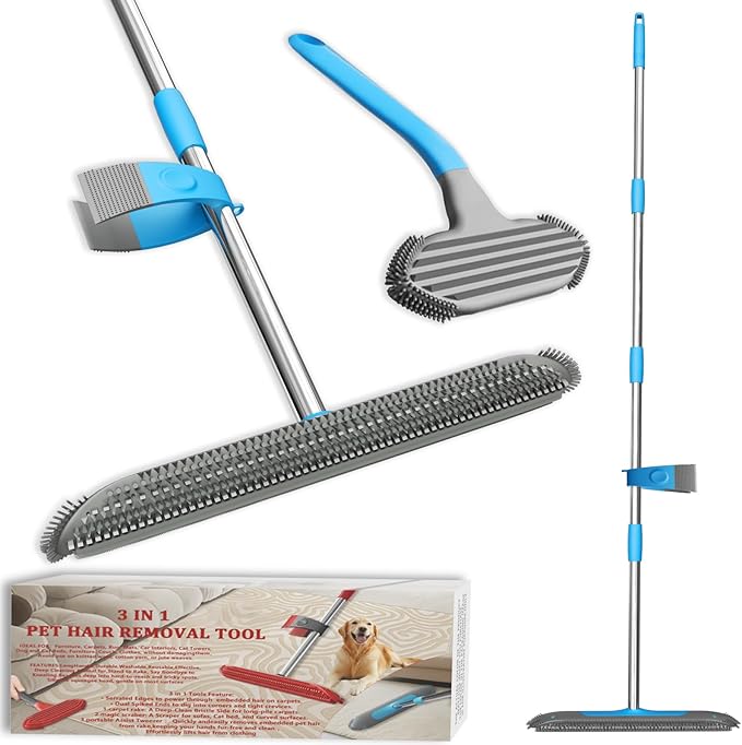 OKcedier Carpet Rake for Pet Hair Removal Tool, 3 in 1 Carpet Scraper with 59" Adjustable Handle, Silicone Rug Rake for Dog & Cat Hair, Pet Hair Remover for Furniture, Couch, Pet Bed & Car Interior