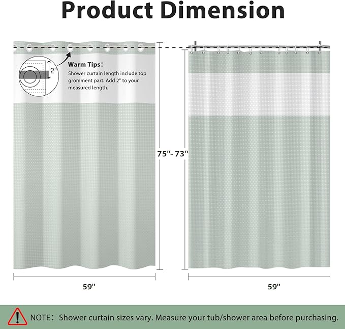GICDSU No Hook Shower Curtain with Snap in Liner, Waffle Shower Curtain Set for Bathroom, Hotel Style with Semi-Sheer Top Window, Waterproof & Washable, Sage Green, 59" W x 75" L