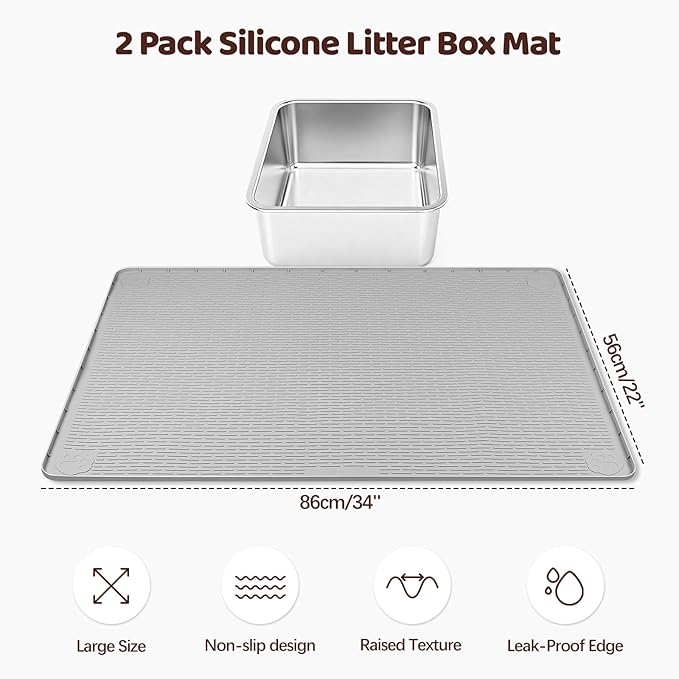 Bartuke Cat Litter Mat, 2 Pack Large 34" x 22" Silicone Mat Litter Trapping Mat for Scatter Control, Soft on Kitty Paws, Easy to Clean (Light Grey)
