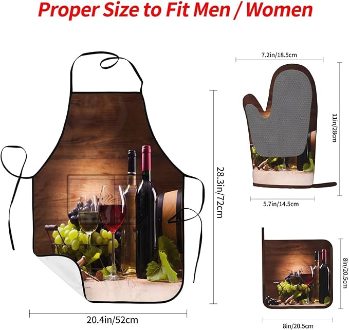 Vintage Glasses Wine Grapes Oven Mitts and Pot Holders with Apron Set of 5 Silicone Kitchen Mitten Gloves and Non-Slip Potholders Apron Set Heat Resistant Oven Gloves Hot Pads for Kitchen