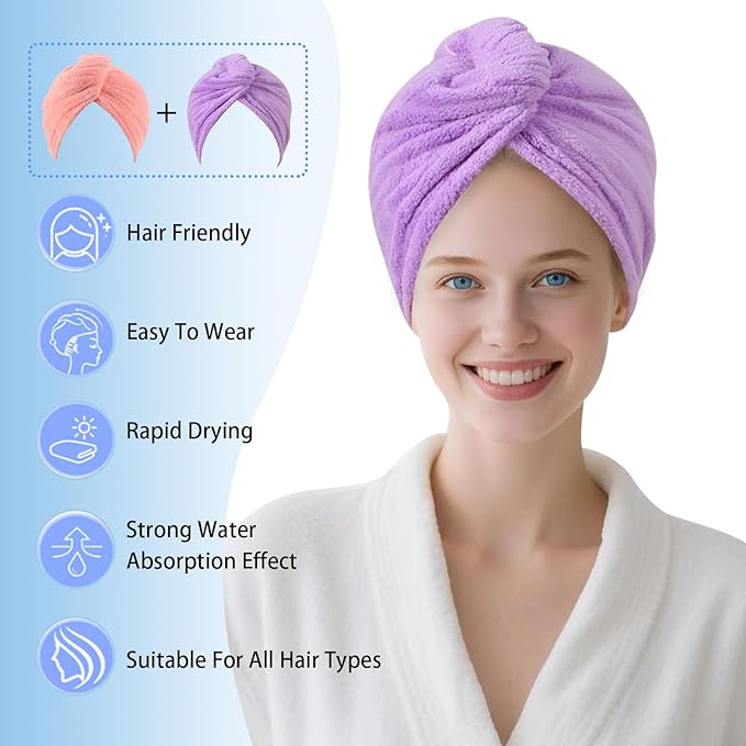 AGKXHDEC 2 Packs Microfiber Towel, Hair Turbans for Wet Hair, Drying Hair Wrap for Women(Pink，Purple)