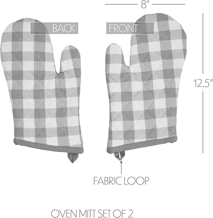 VHC Brands Cotton Oven Mitt Set of 2, Heat Resistant, Baking Glove Pot Holder, Kitchen Mitts, Annie Buffalo Check Collection, 12.5x8, Ash Grey & White Checkered
